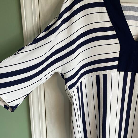 Zara Woman Striped Tunic Top Blue White V-Neck Hi-Low Hem Sz L Coastal Beachy - Picture 4 of 8